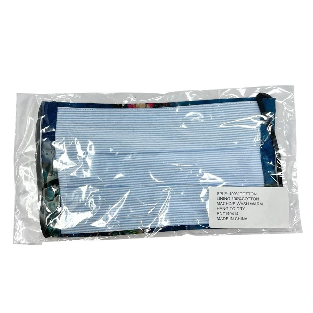 Johnny Was Face Mask Blue Floral Pattern 100% Cotton Lined Striped Back